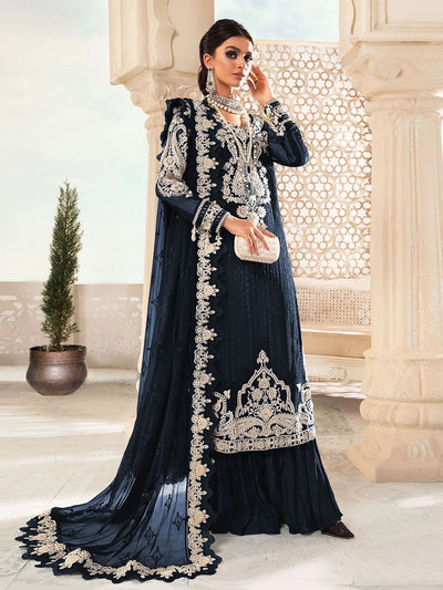 Navy Blue Embroidered Georgette Partywear Semi Stitched Suit