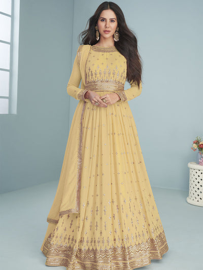 Yellow Floral Embroidered Georgette Semi Stitched Gown