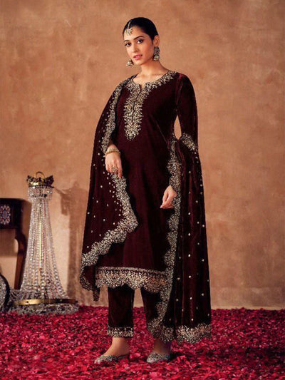 Maroon Colored Embroidered Velvet Semi Stitched Salwar Suit