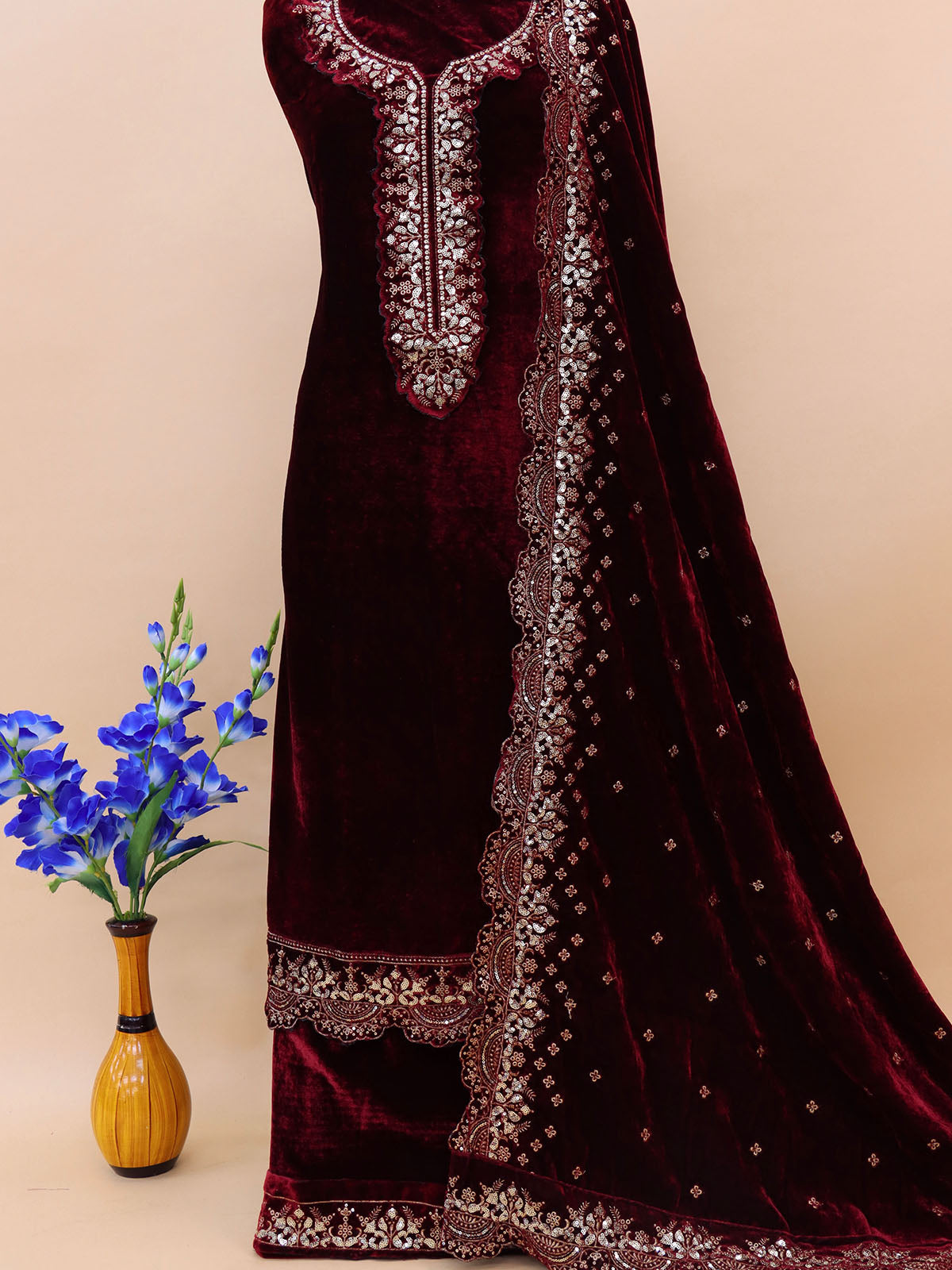 Maroon Colored Embroidered Velvet Semi Stitched Salwar Suit