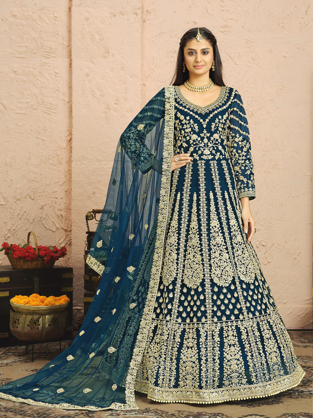 Dark Blue Floral Embroidered Net Semi Stitched Anarkali Suit
