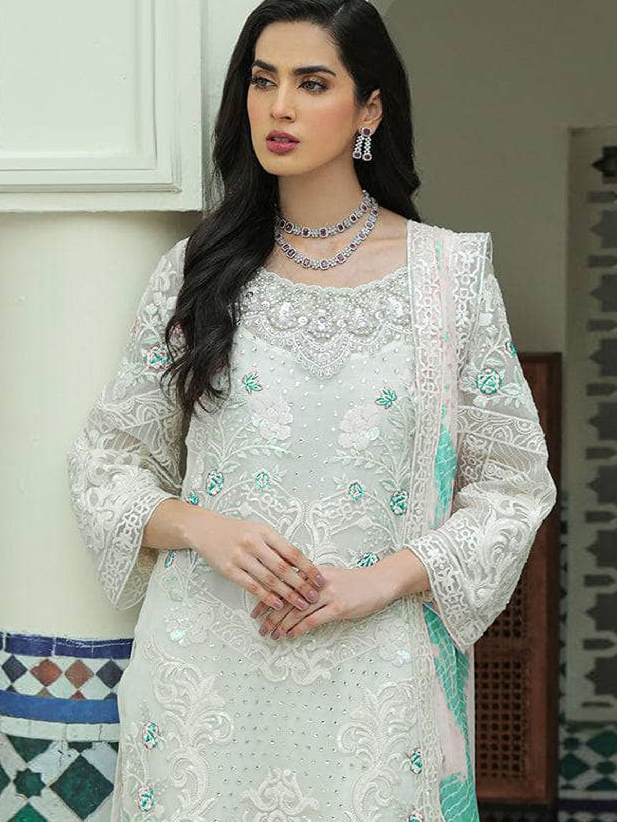 Odette Women White Floral Sequence Embroidered Work Georgette Semi Stitched Suit