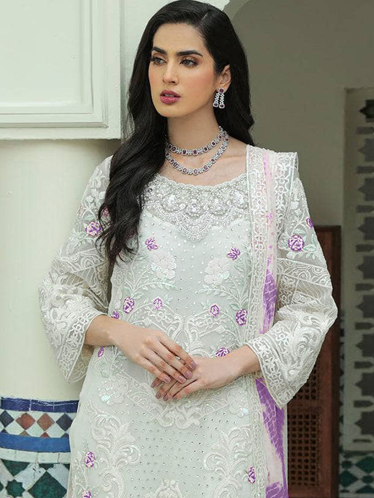 White Floral Sequence Embroidered Work Georgette Semi Stitched Suit