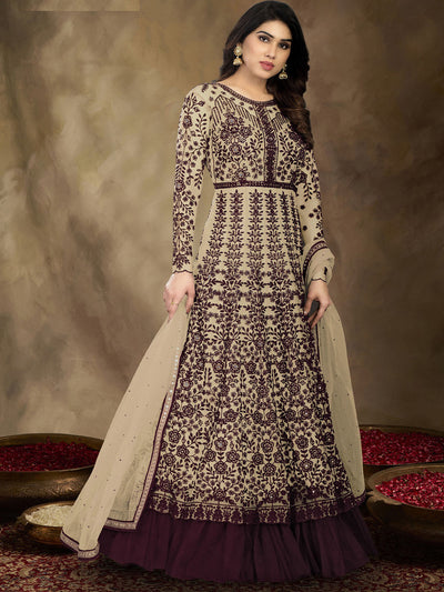 Odette Women Brown Colored Partywear Embroidered Netted Semi Stitched Anarkali Suit