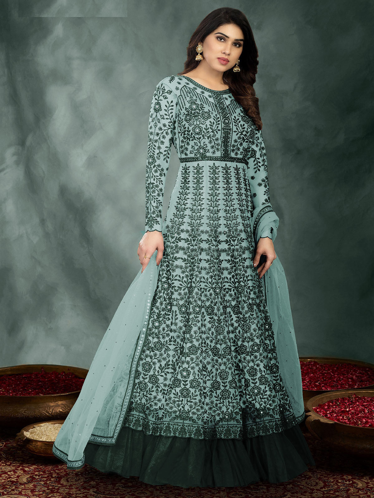 Dark Green Colored Partywear Embroidered Netted Semi Stitched Anarkali Suit