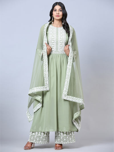 Green Partywear Embroidered Faux Georgette Semi Stitched Palazzo Suit