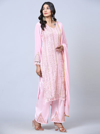 Pink Embellished With Embroidered Georgette Semi Stitched Suit