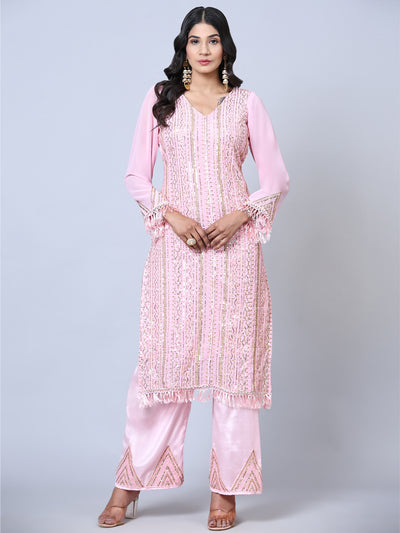 Odette Women Pink Embellished With Embroidered Georgette Semi Stitched Suit