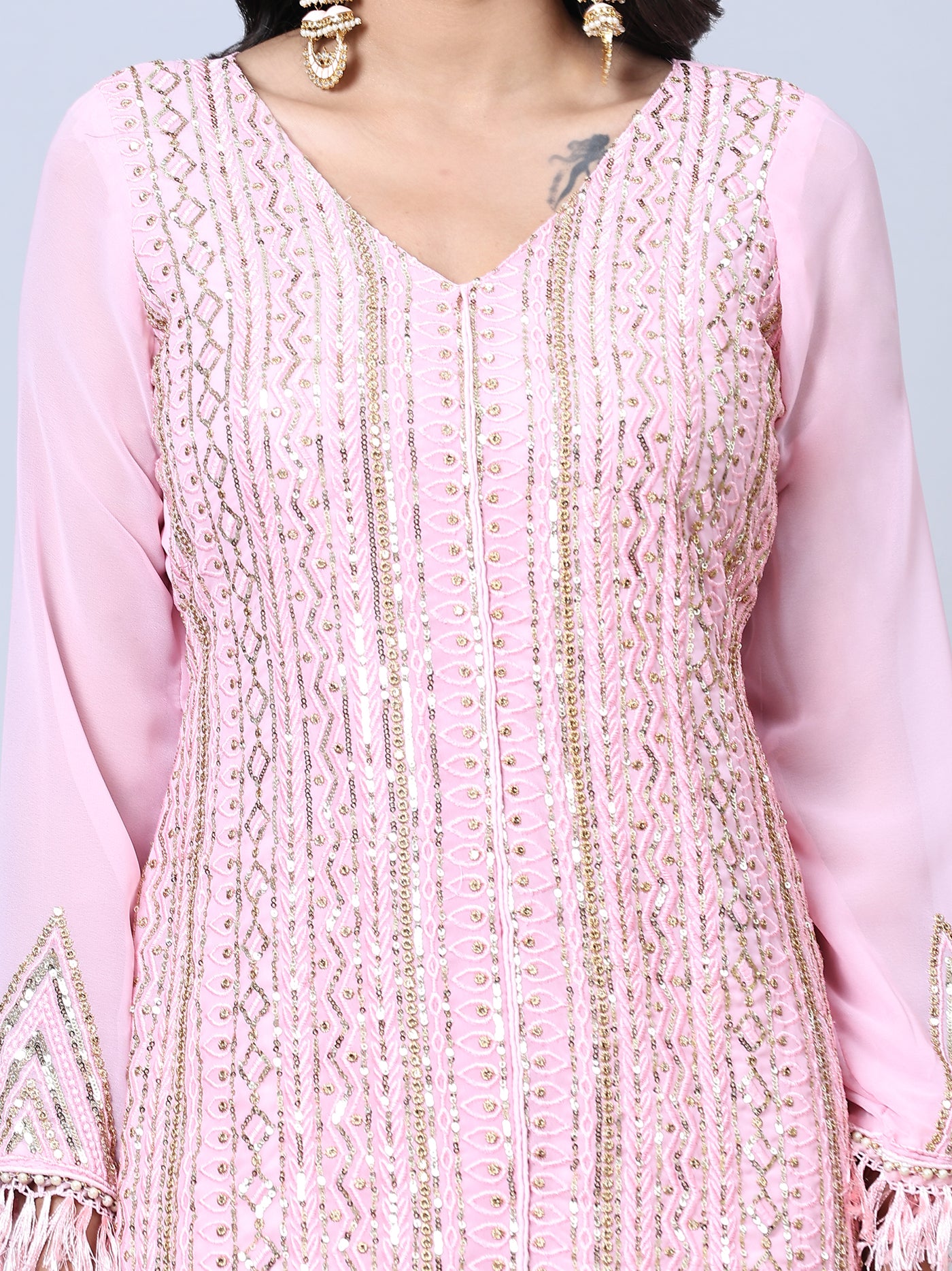 Pink Embellished With Embroidered Georgette Semi Stitched Suit
