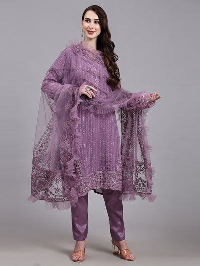 Purple Embellished With Embroidered Georgette Semi Stitched Suit