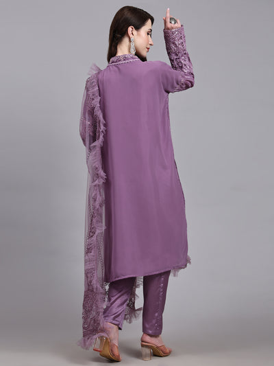 Odette Women Purple Embellished With Embroidered Georgette Semi Stitched Suit