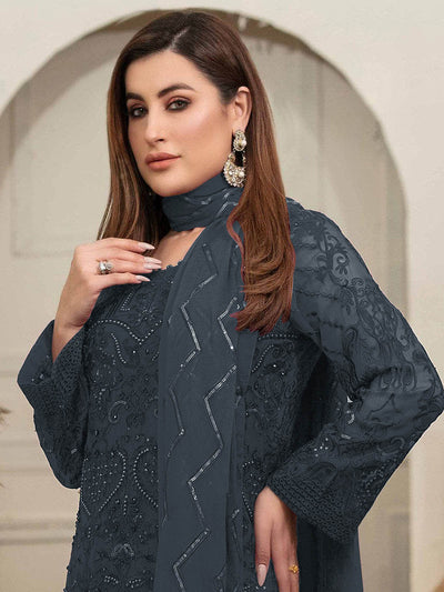 Odette Women Grey Embroidered Georgette Semi Stitched Salwar Suit