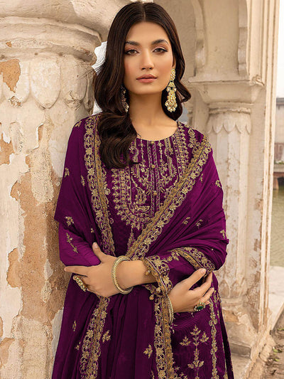 Odette Women Purple Embroidered Georgette Semi Stitched Salwar Suit