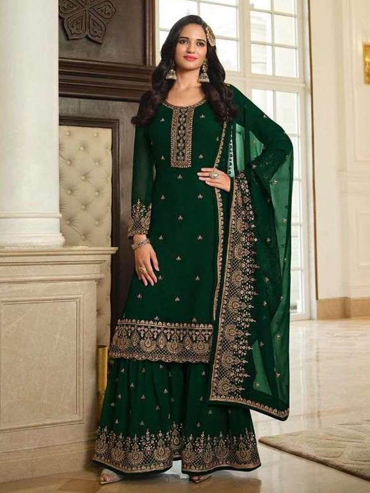 Odette Women Green Embroidered Georgette Sharara Style Semi-Stitched Salwar Suit