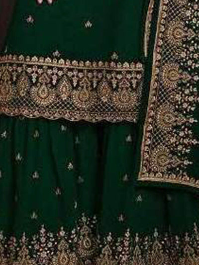 Odette Women Green Embroidered Georgette Sharara Style Semi-Stitched Salwar Suit