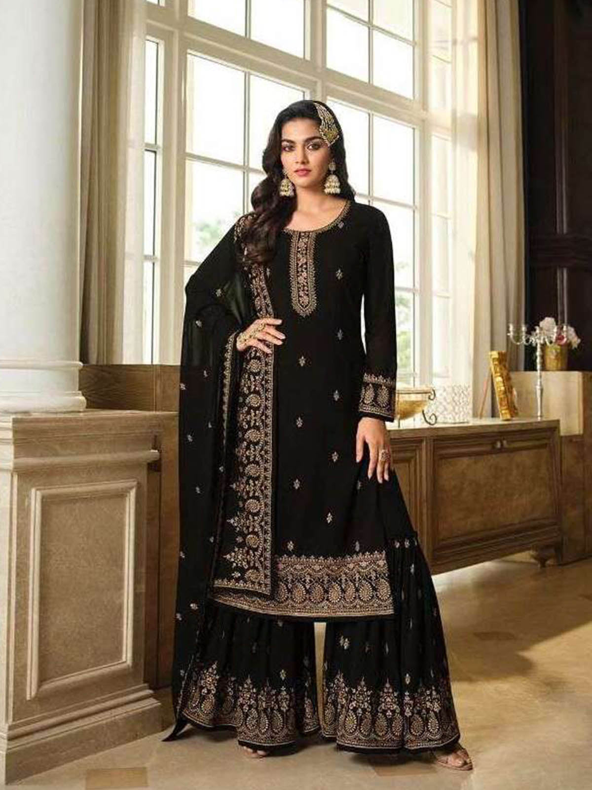 Odette Women Black Embroidered Georgette Sharara Style Semi-Stitched S Odette Women Black Embroidered Georgette Sharara Style Semi-Stitched S