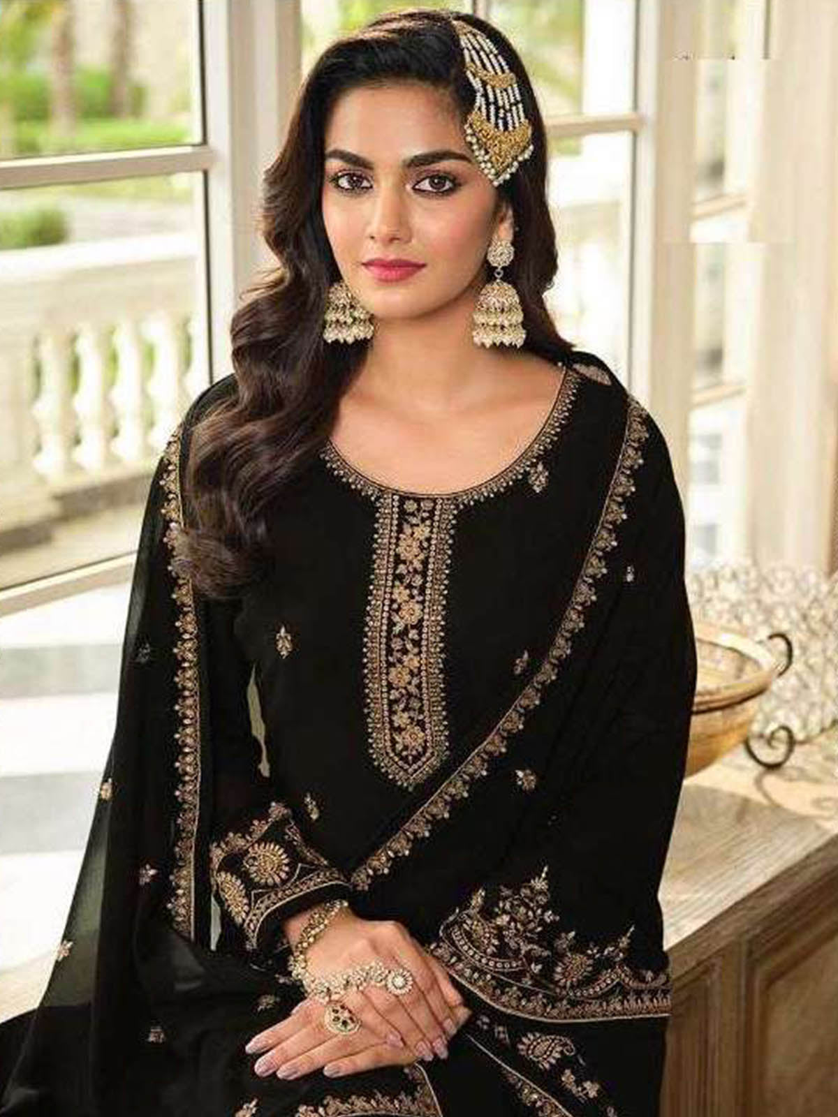 Odette Women Black Embroidered Georgette Sharara Style Semi-Stitched Salwar Suit