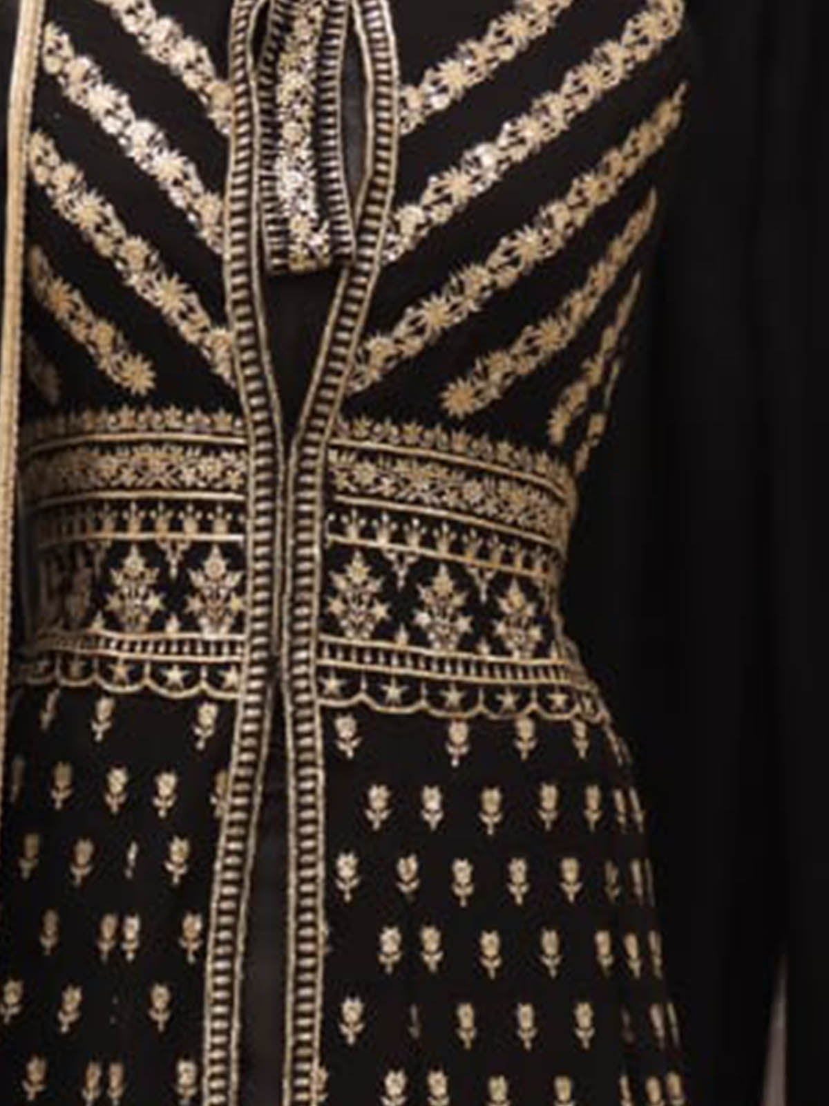 Odette Women Black Embroidered Georgette A-Line Semi-Stitched Anarkali Suit