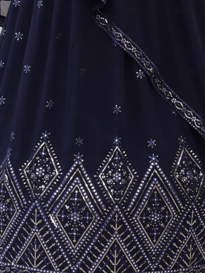 Odette Women Dark Blue Embroidered Georgette Semi Stitched Gown