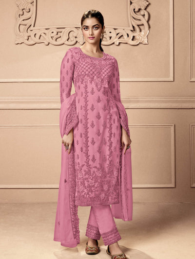 Odette Women Pink Embroidered Georgette Semi Stitched Palazzo Suit