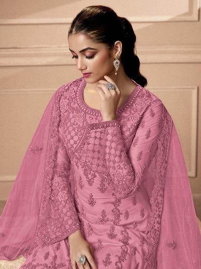 Odette Women Pink Embroidered Georgette Semi Stitched Palazzo Suit