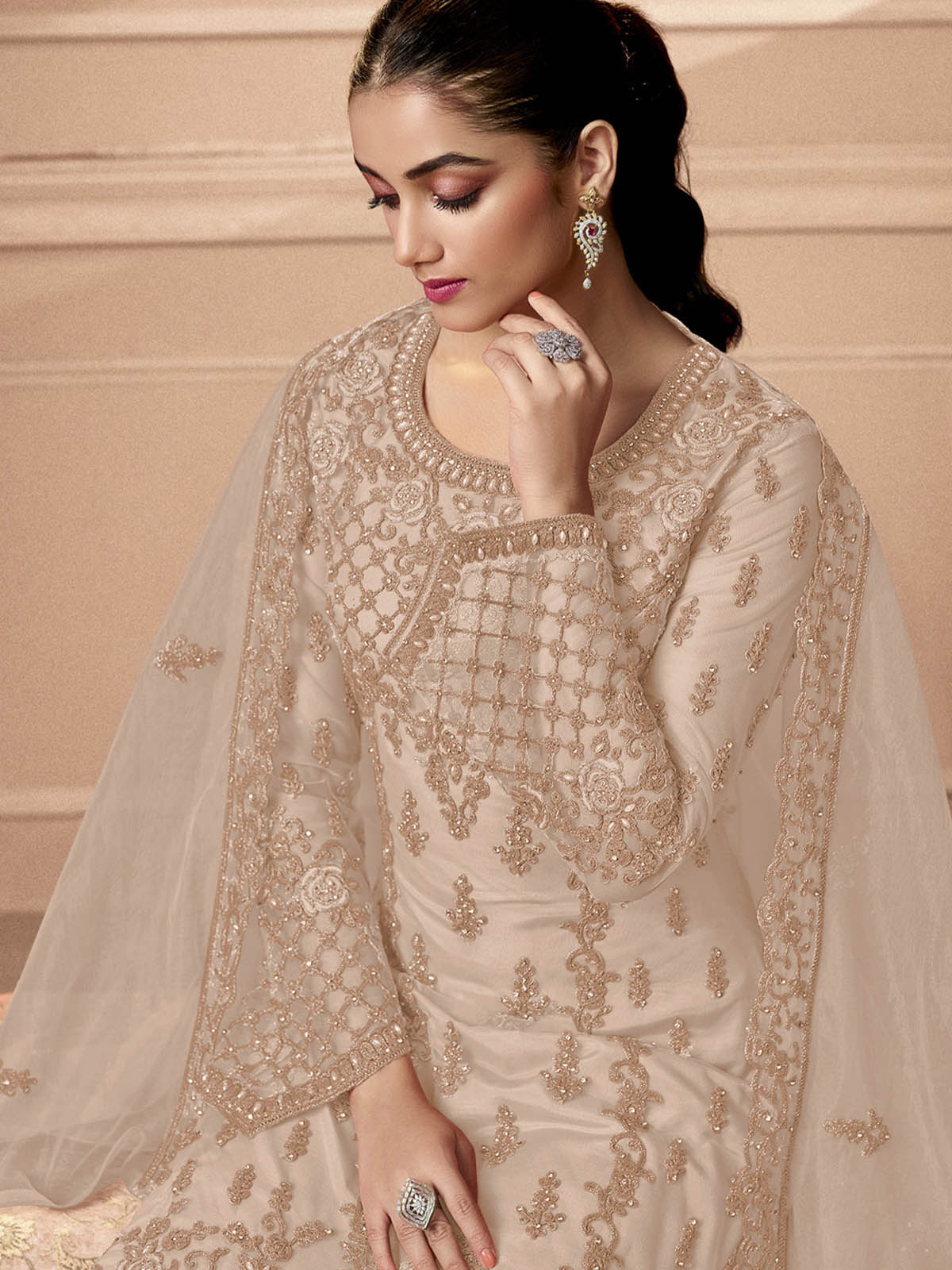 Odette Women Beige Embroidered Georgette Semi Stitched Palazo Suit