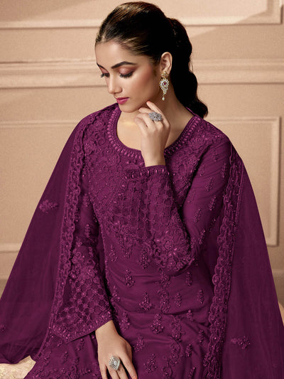 Odette Women Violet Embroidered Georgette Semi Stitched Palazo Suit