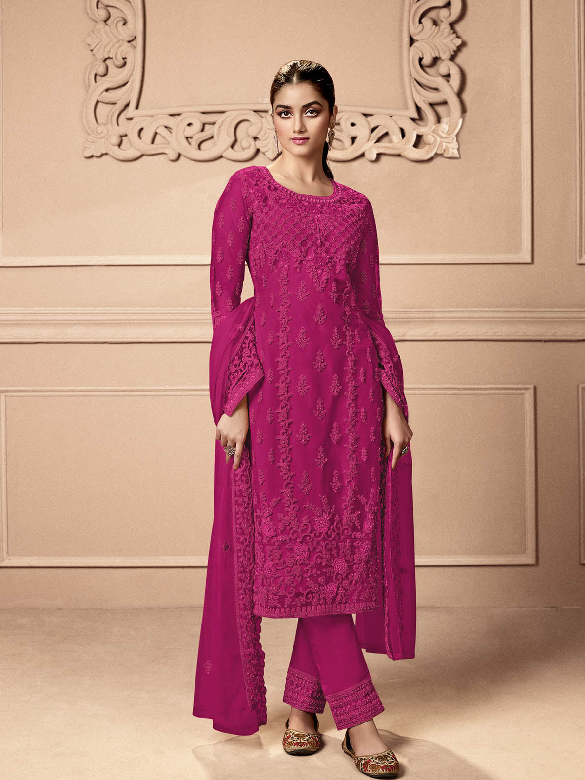 Odette Women Pink Embroidered Georgette Semi Stitched Palazo Suit