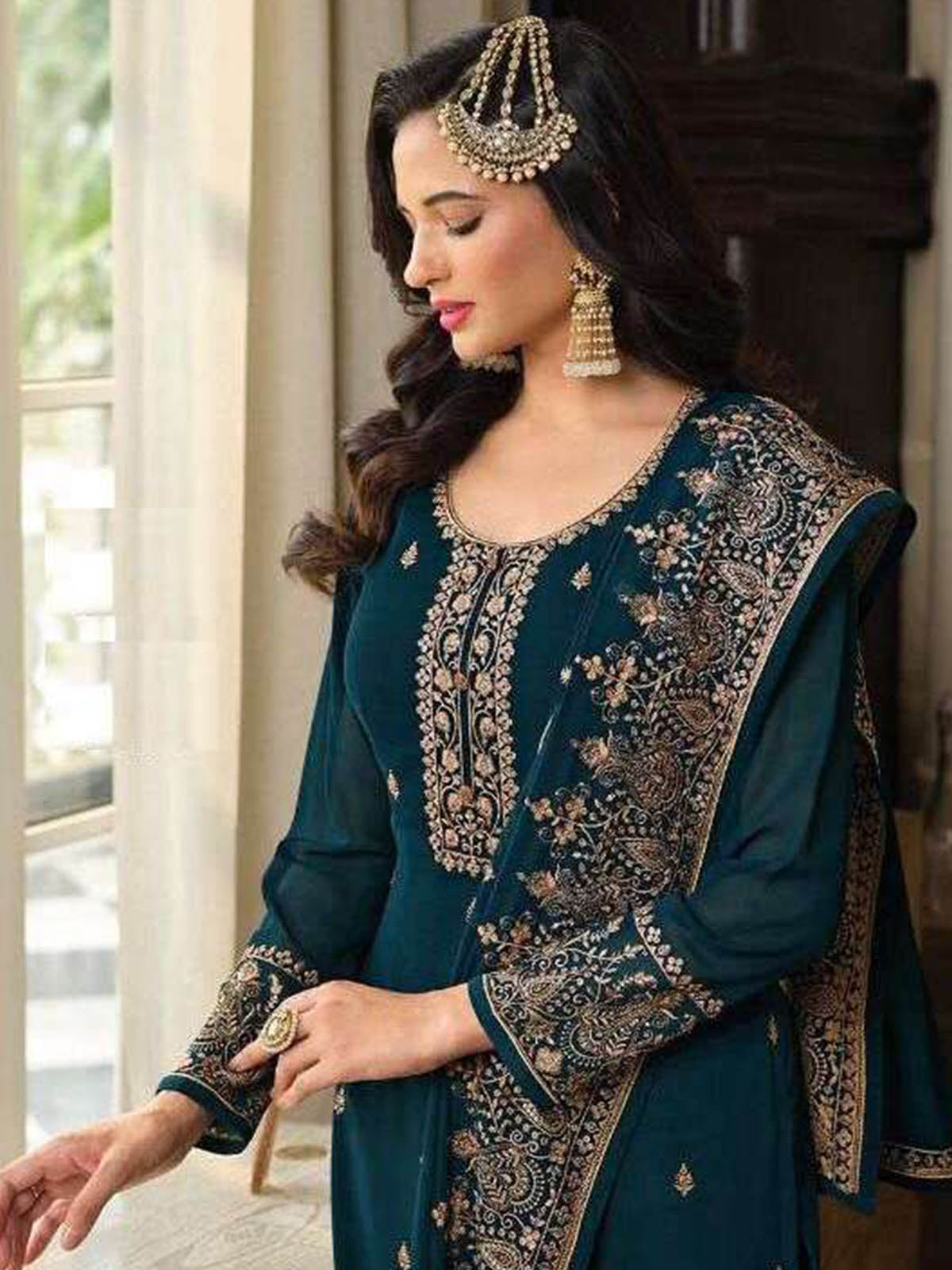 Odette Women Blue Embroidered Georgette Sharara Style Semi-Stitched Salwar Suit