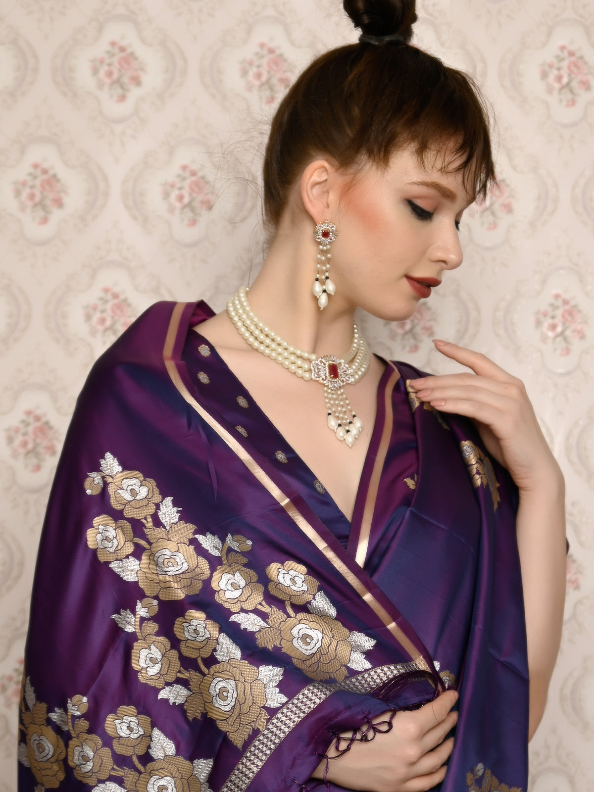 Odette Women Festive Purple Satin Printed Saree With Unstitched Blouse