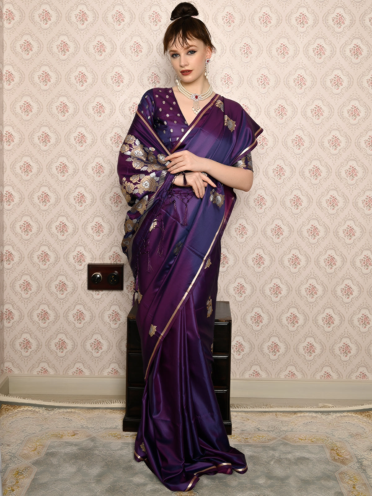 Festive Purple Satin Printed Saree With Unstitched Blouse