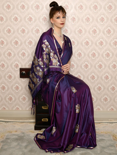 Festive Purple Satin Printed Saree With Unstitched Blouse
