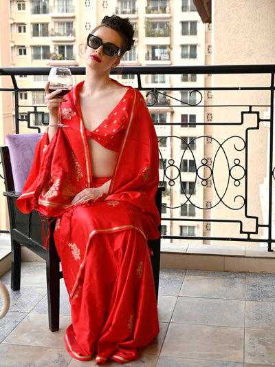 Festive Red Satin Printed Saree With Unstitched Blouse
