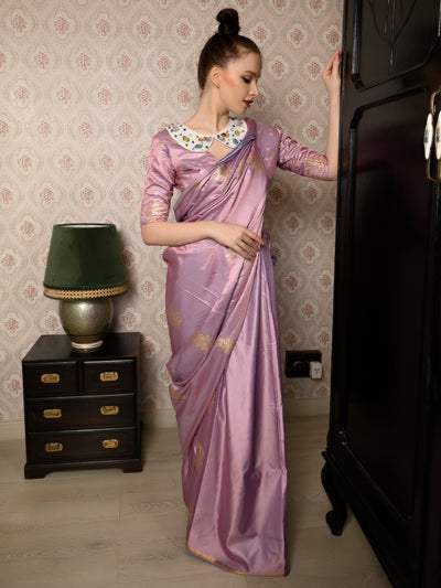Festive Lilac Satin Printed Saree With Unstitched Blouse