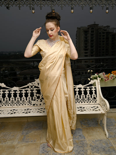 Festive Beige Satin Printed Saree With Unstitched Blouse