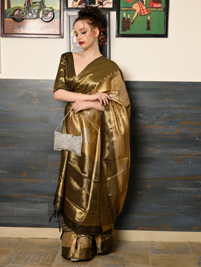 Festive Brown Silk Blend Woven Saree With Unstitched Blouse