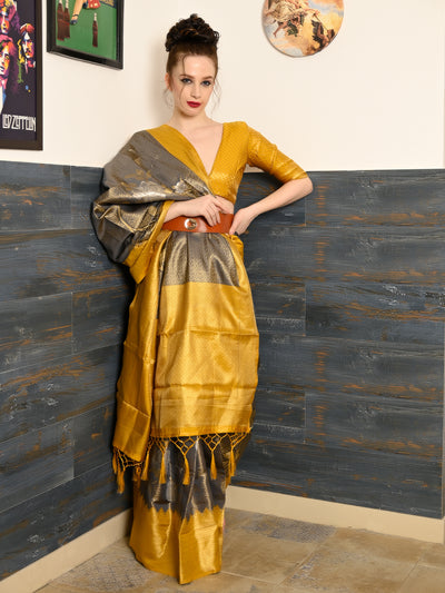 Festive Grey Silk Blend Woven Saree With Unstitched Blouse