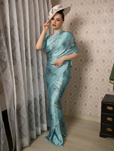 Festive Blue Satin Printed Saree With Unstitched Blouse