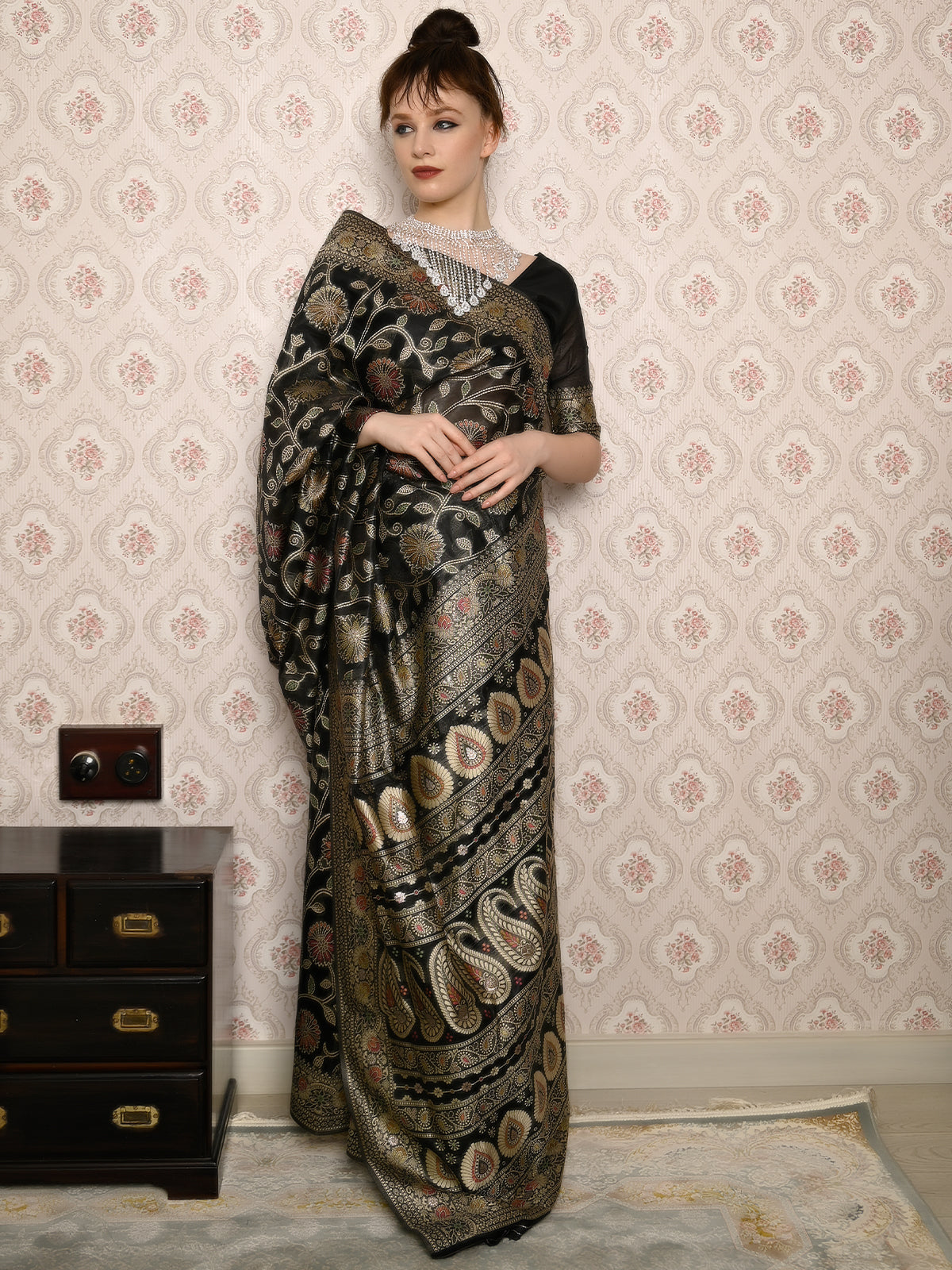 Festive Black Silk Blend Woven Saree With Unstitched Blouse