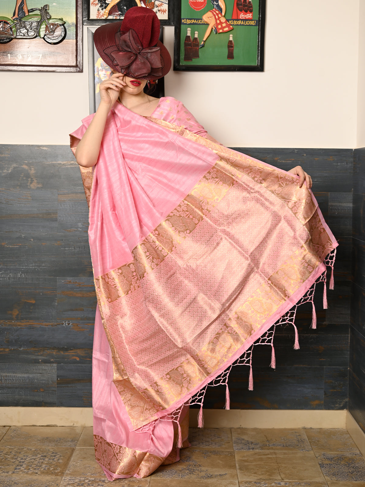 Festive Pink Silk Blend Woven Saree With Unstitched Blouse