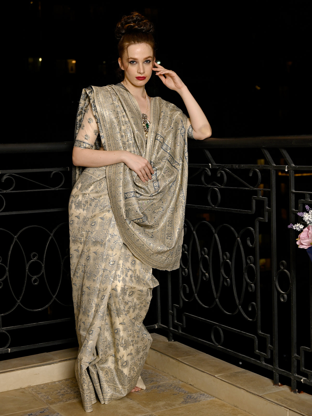 Festive Beige Silk Blend Woven Saree With Unstitched Blouse