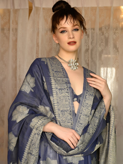 Festive Dark Blue Silk Blend Woven Saree With Unstitched Blouse