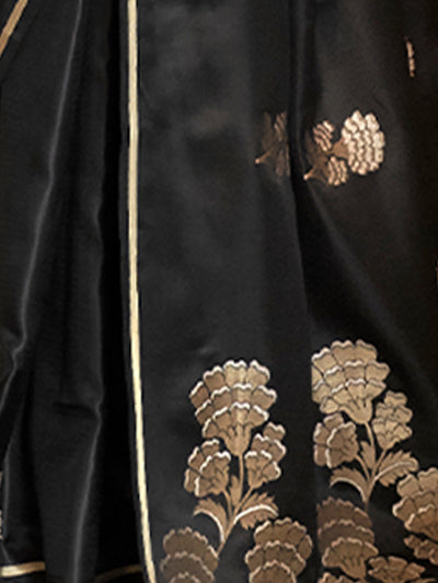 Festive Black Satin Printed Saree With Unstitched Blouse