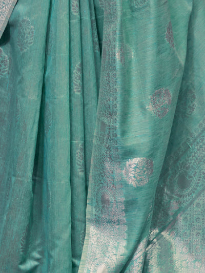Festive Sea Green Linen Blend Woven Saree With Unstitched Blouse
