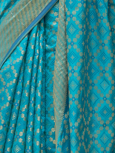 Festive Blue Silk Blend Woven Saree With Unstitched Blouse