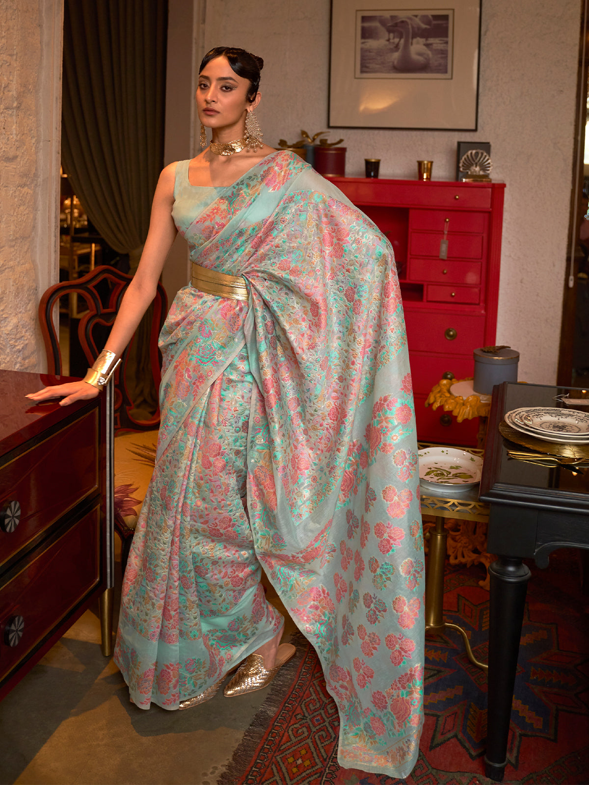 Festive Blue  Woven Saree With Unstitched Blouse