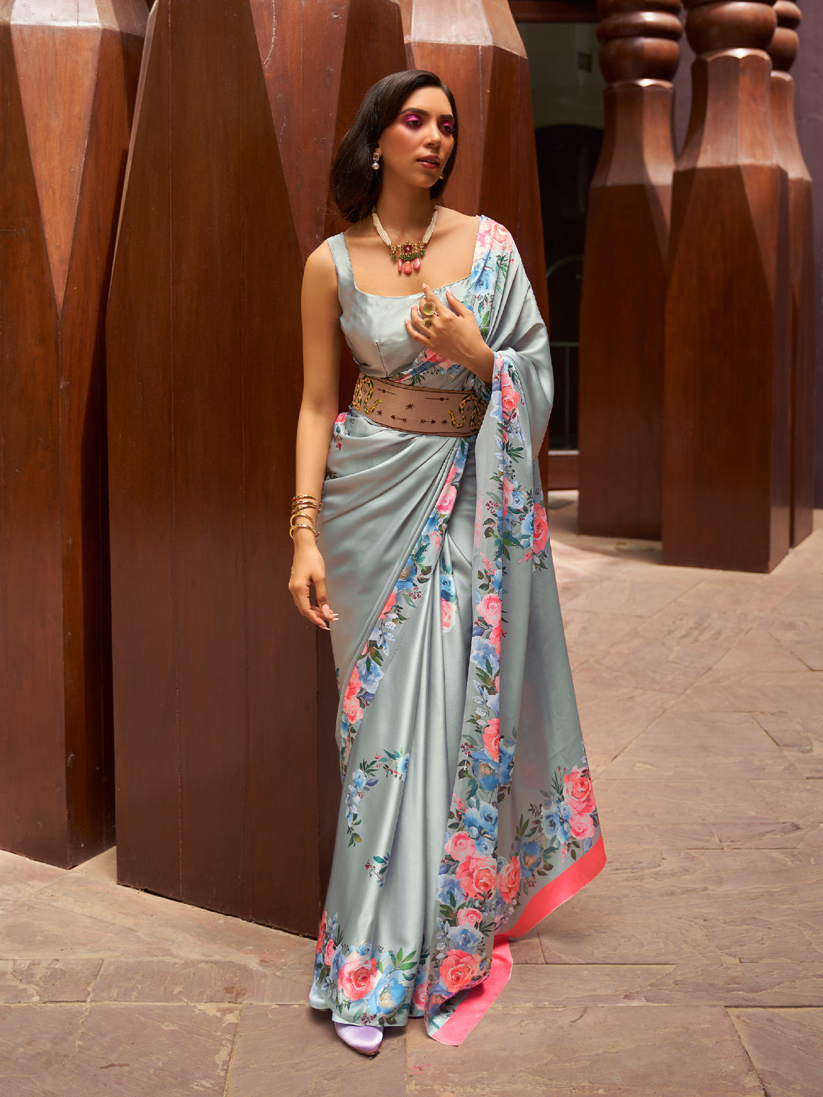 Festive Grey Satin Printed Saree With Unstitched Blouse