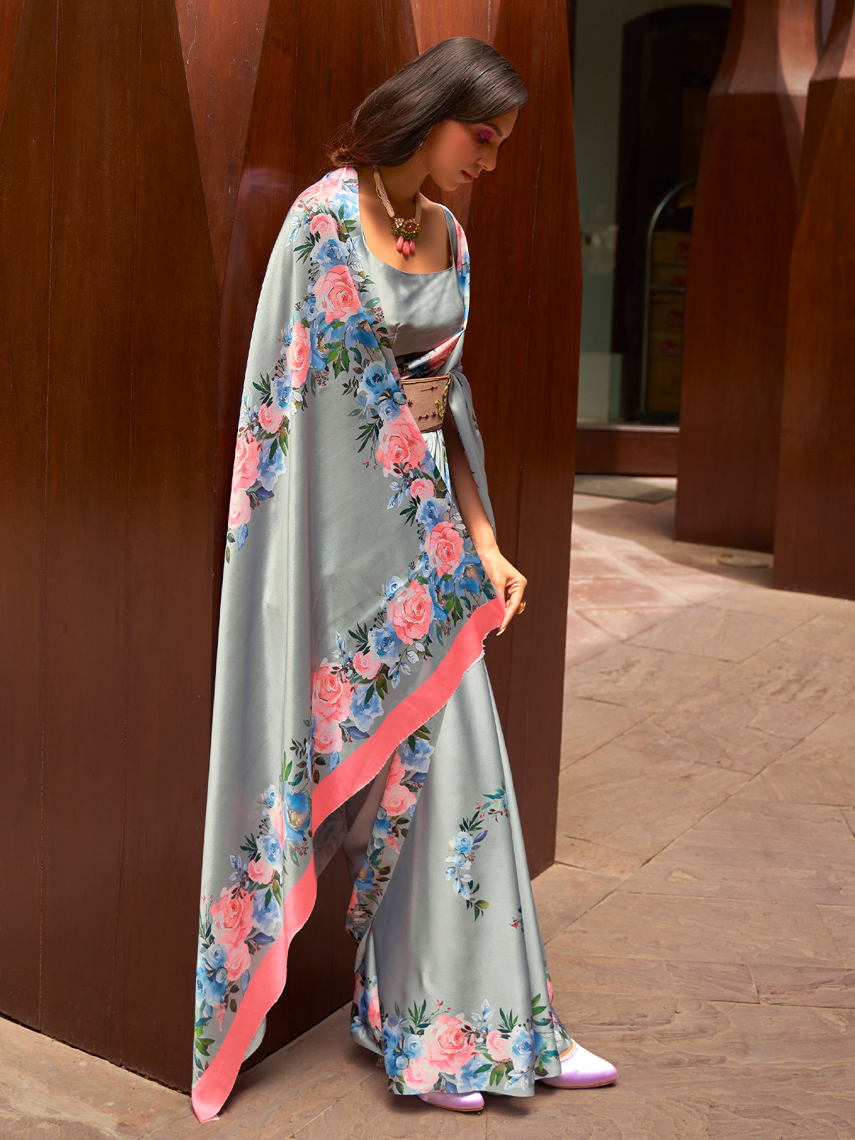 Festive Grey Satin Printed Saree With Unstitched Blouse