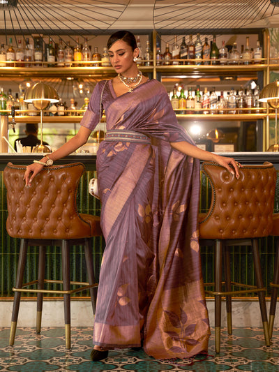 Odette Women Festive Purple Silk Blend Woven Saree With Unstitched Blouse