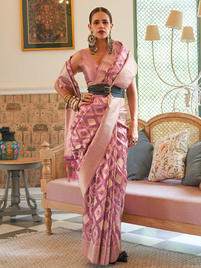 Festive Pink Tissue Woven Saree With Unstitched Blouse